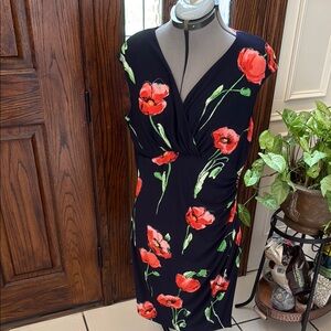 Ralph Lauren Red and Green Sheath Midi Dress Plunge Neckline